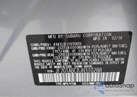 2018 Subaru Crosstrek 2.0I Premium z USA, uszkodzony, nr VIN JF2GTABC8JH310288